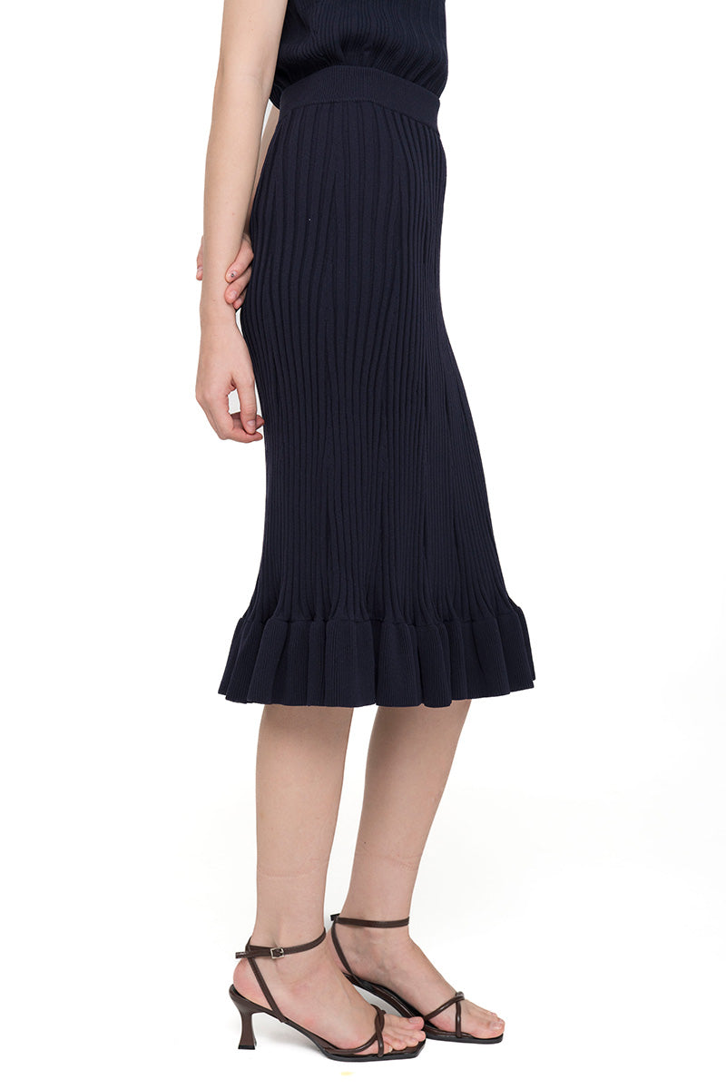 Flare Rib-Knitted Skirt In Midnight Blue