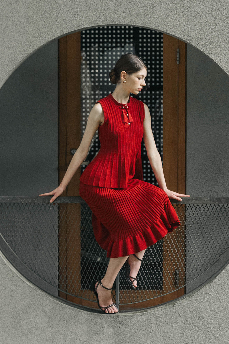 Flare Rib-Knitted Skirt In Ruby Red