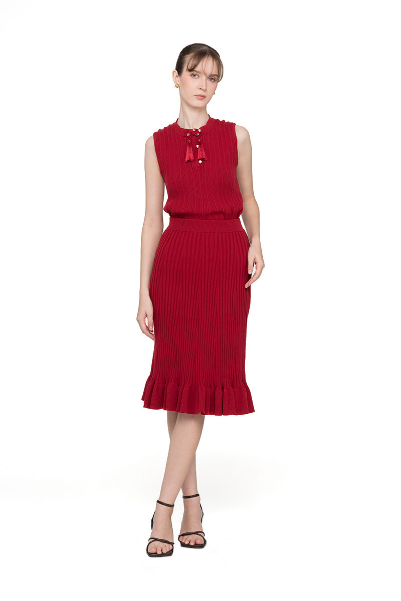Flare Rib-Knitted Skirt In Ruby Red
