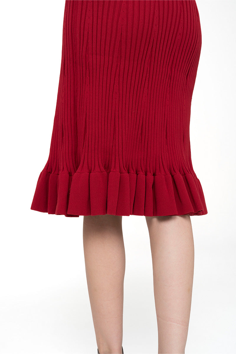 Flare Rib-Knitted Skirt In Ruby Red