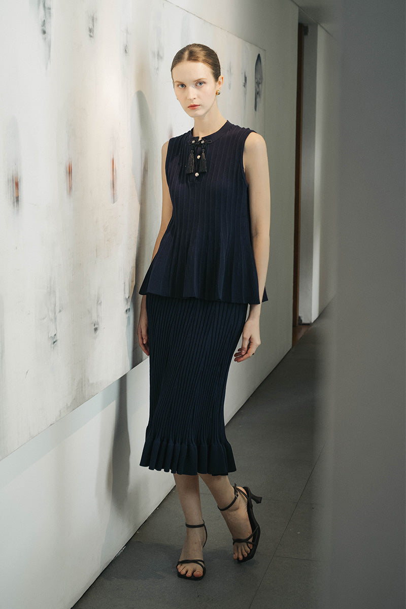 Flare Rib-Knitted Top With Tassel Detail In Midnight Blue