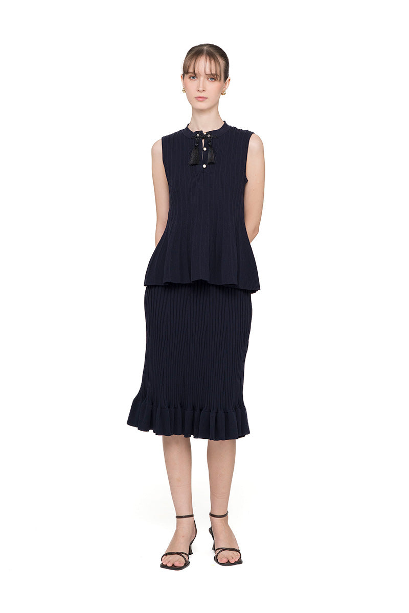 Flare Rib-Knitted Top With Tassel Detail In Midnight Blue