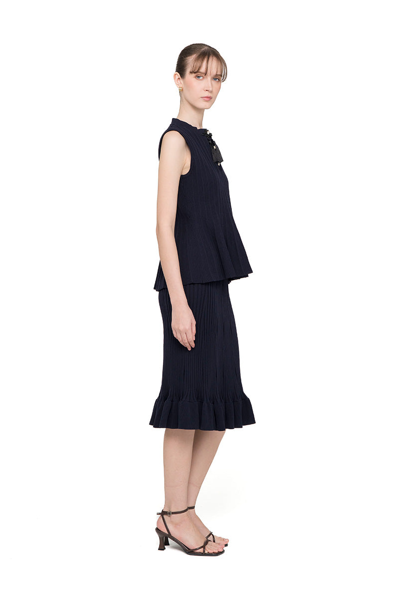 Flare Rib-Knitted Top With Tassel Detail In Midnight Blue