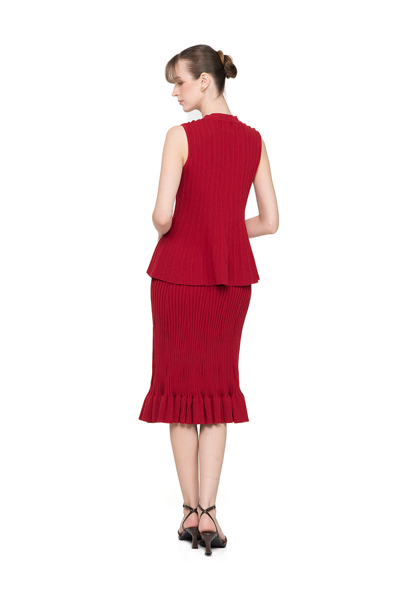 Flare Rib-Knitted Top With Tassel Detail In Ruby Red