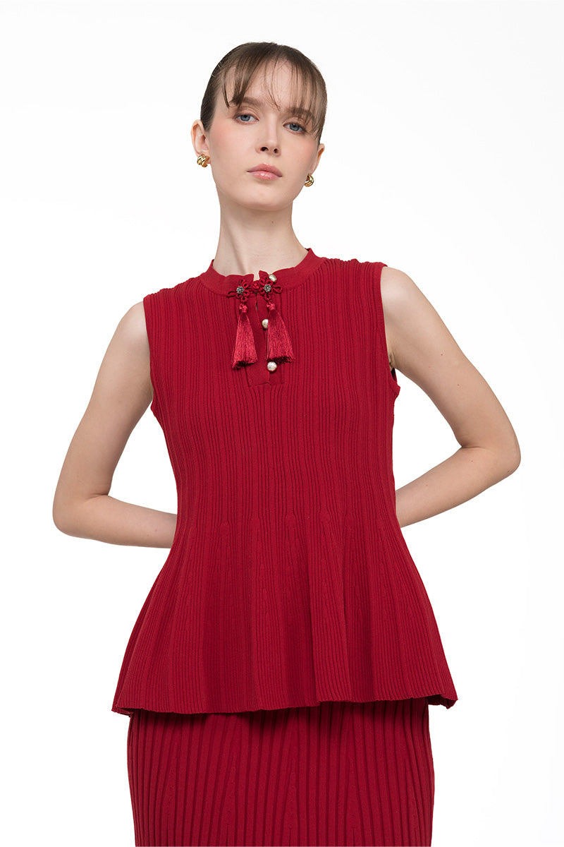 Flare Rib-Knitted Top With Tassel Detail In Ruby Red