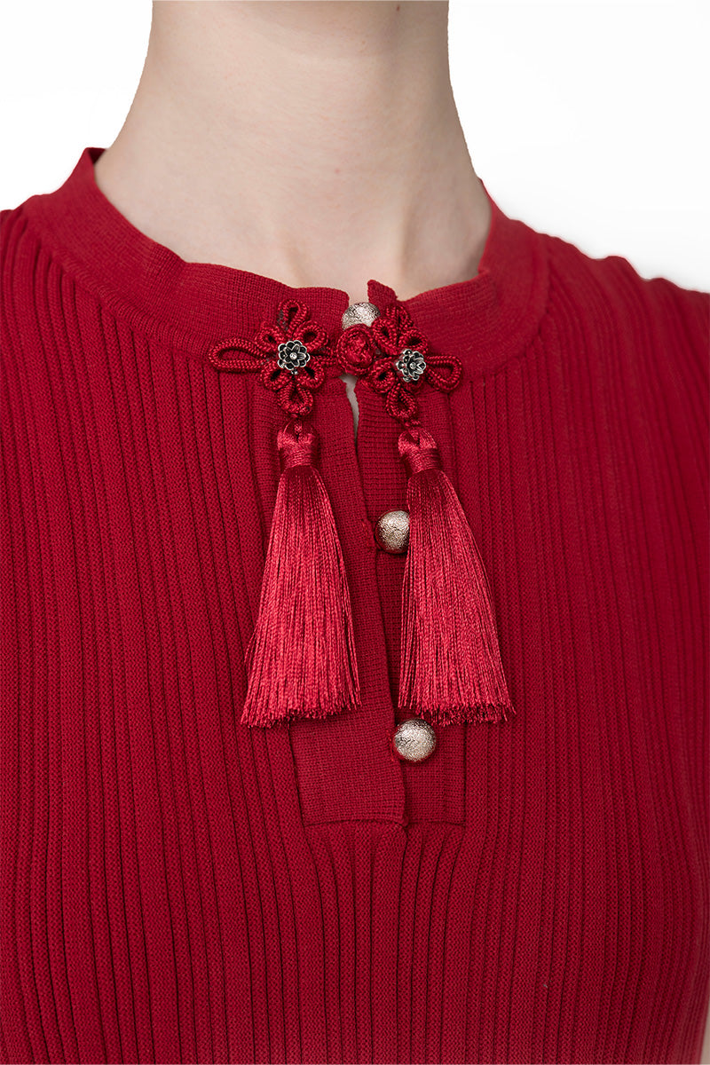 Flare Rib-Knitted Top With Tassel Detail In Ruby Red