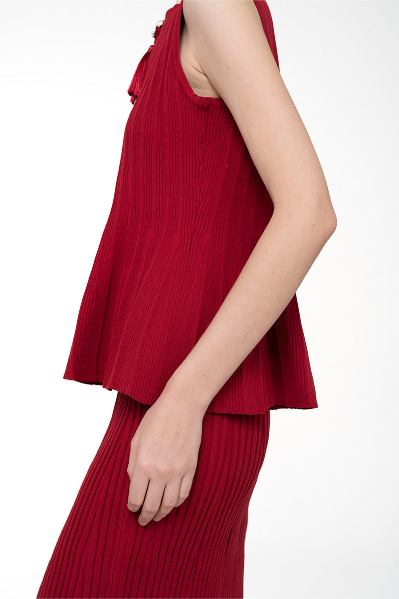 Flare Rib-Knitted Top With Tassel Detail In Ruby Red