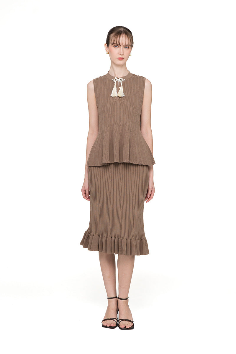 Flare Rib-Knitted Top With Tassel Detail In Taupe