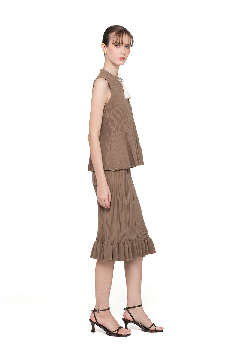 Flare Rib-Knitted Top With Tassel Detail In Taupe
