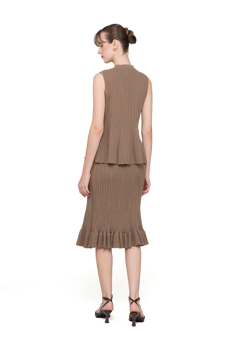 Flare Rib-Knitted Top With Tassel Detail In Taupe