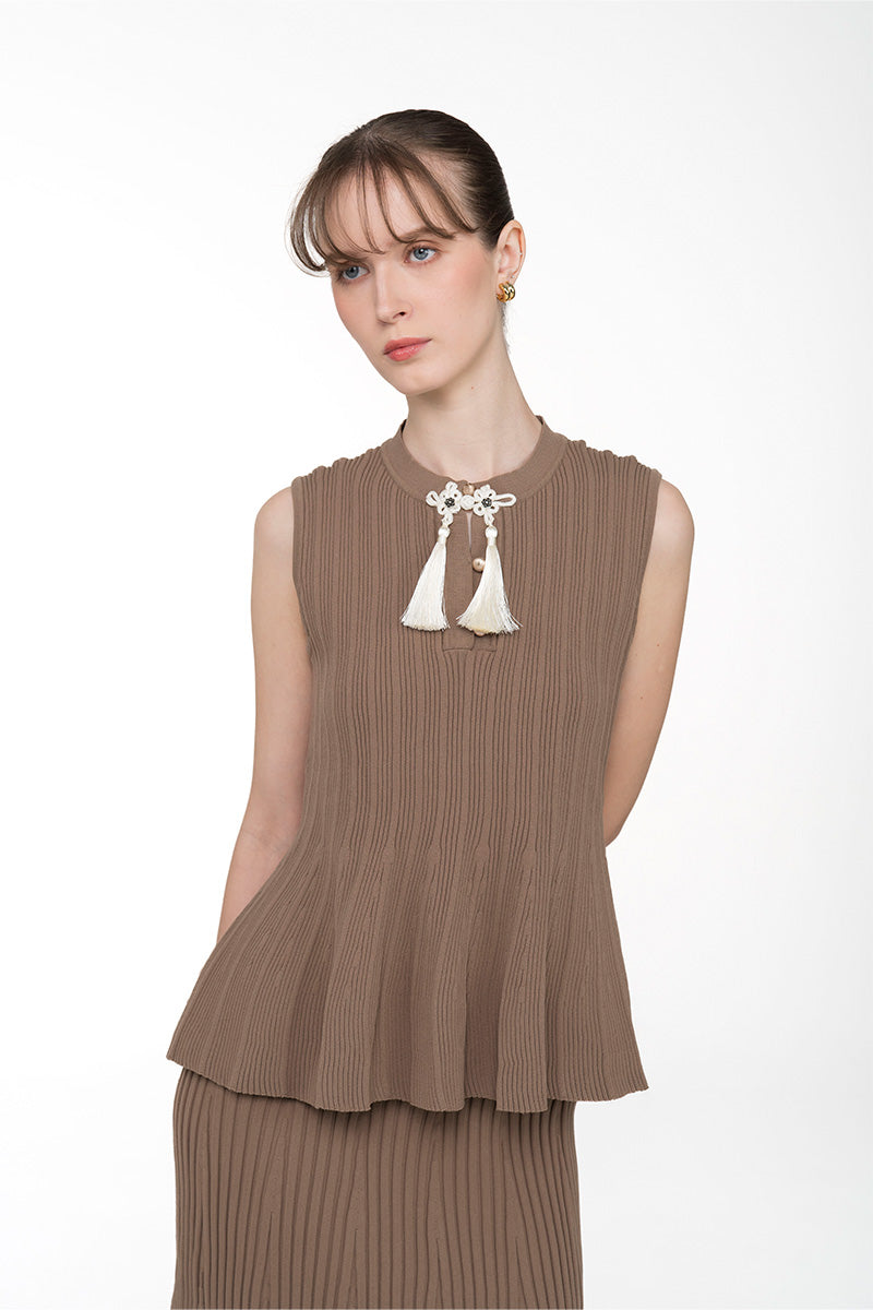 Flare Rib-Knitted Top With Tassel Detail In Taupe