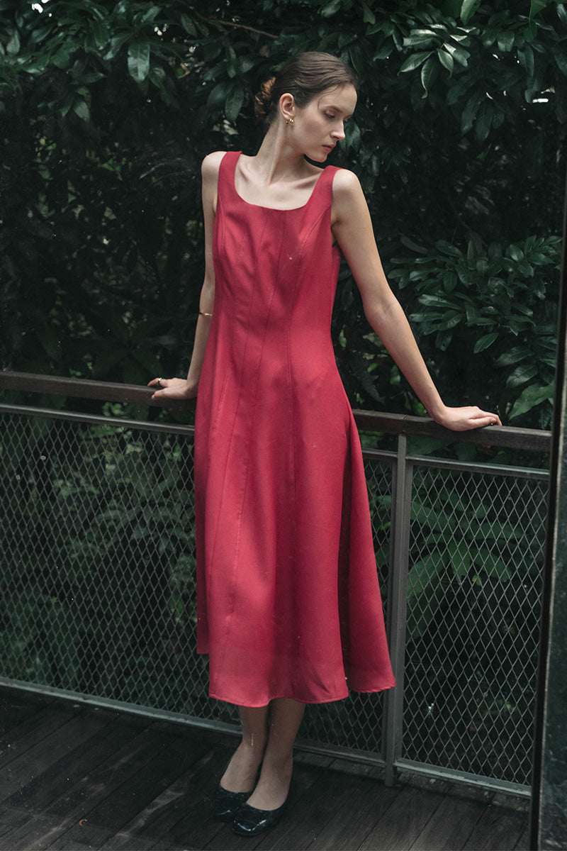 Square Neck Midi Dress In Brick Red