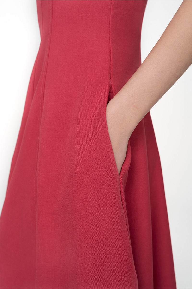 Square Neck Midi Dress In Brick Red