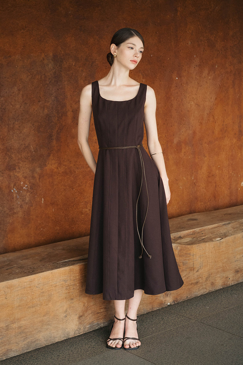Square Neck Midi Dress In Dark Brown