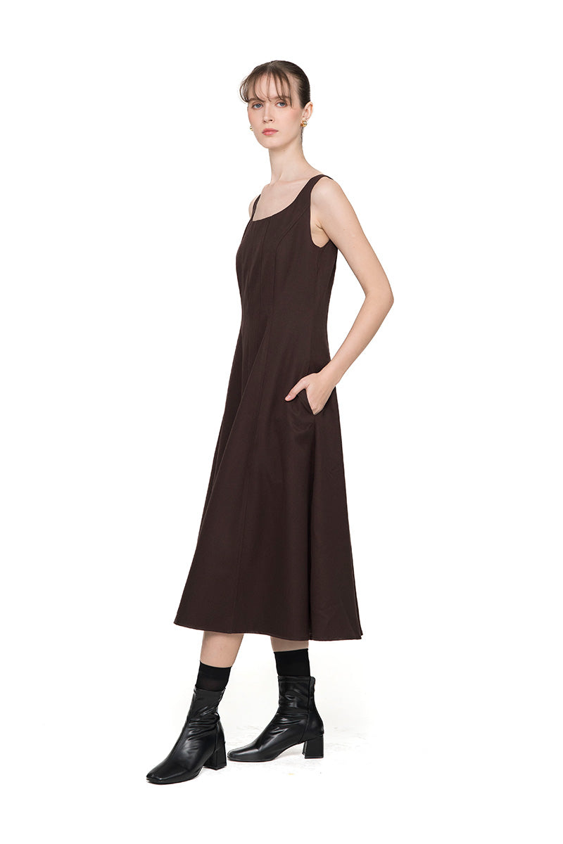 Square Neck Midi Dress In Dark Brown