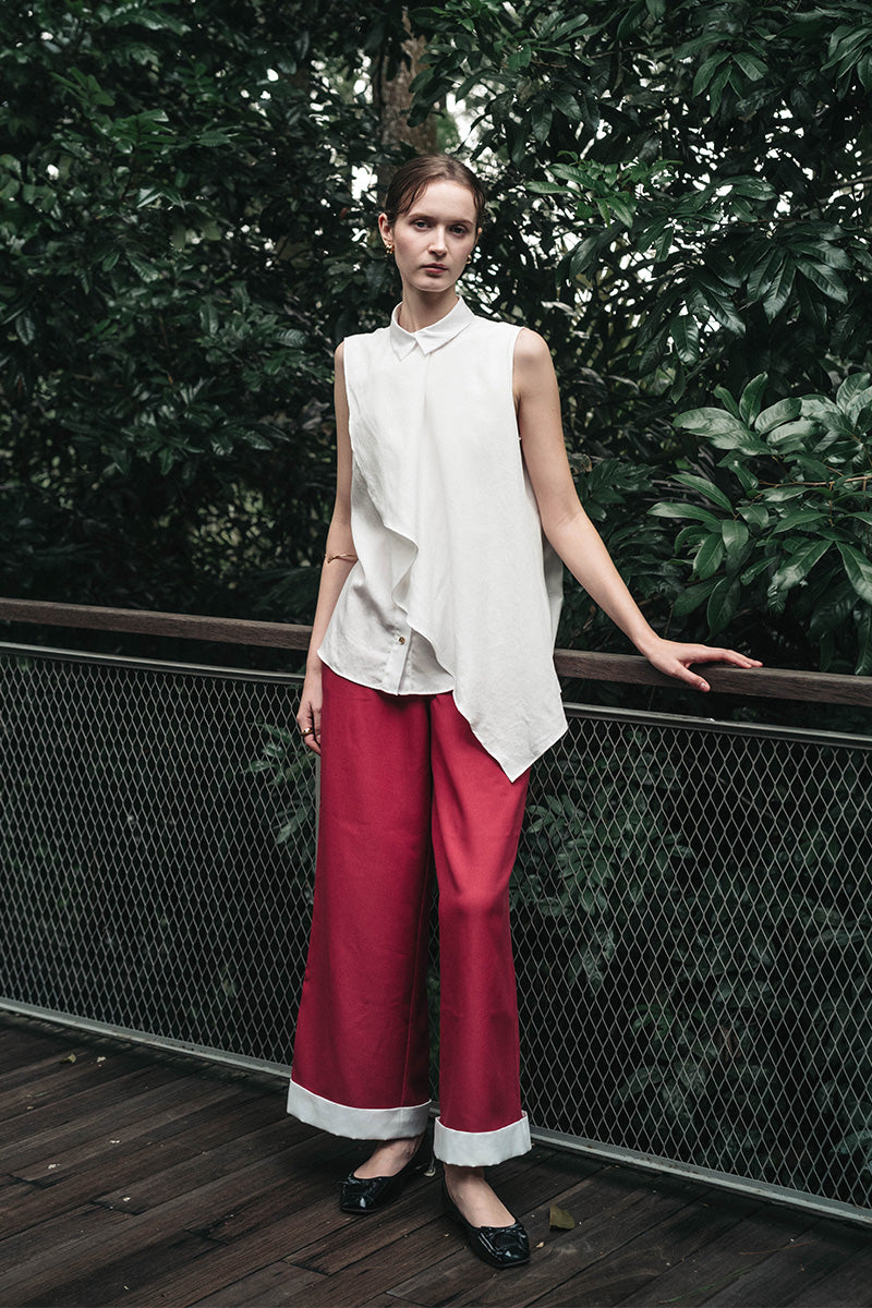 Straight Leg Pants With Contrast Hem In Brick Red