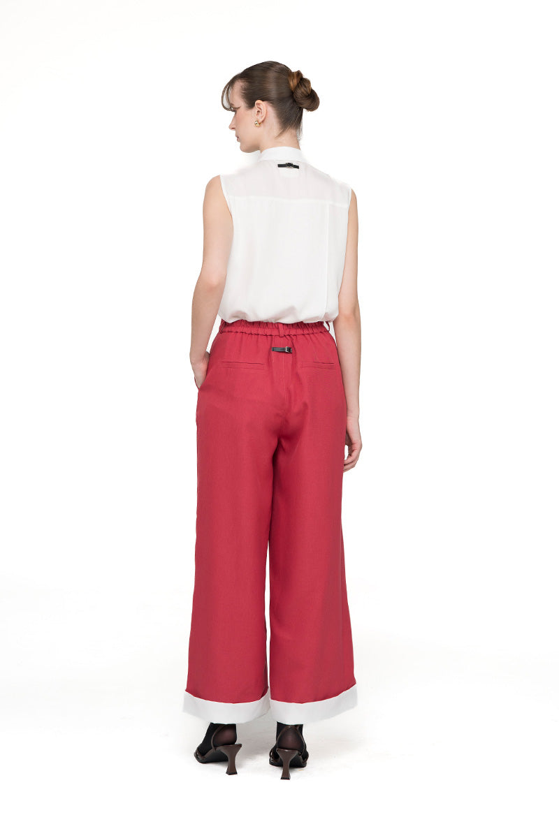 Straight Leg Pants With Contrast Hem In Brick Red