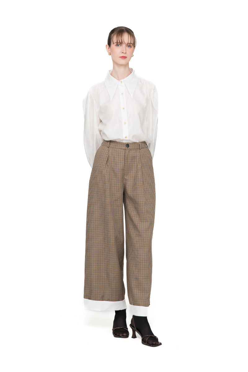 Straight Leg Pants With Contrast Hem In Brown Houndstooth
