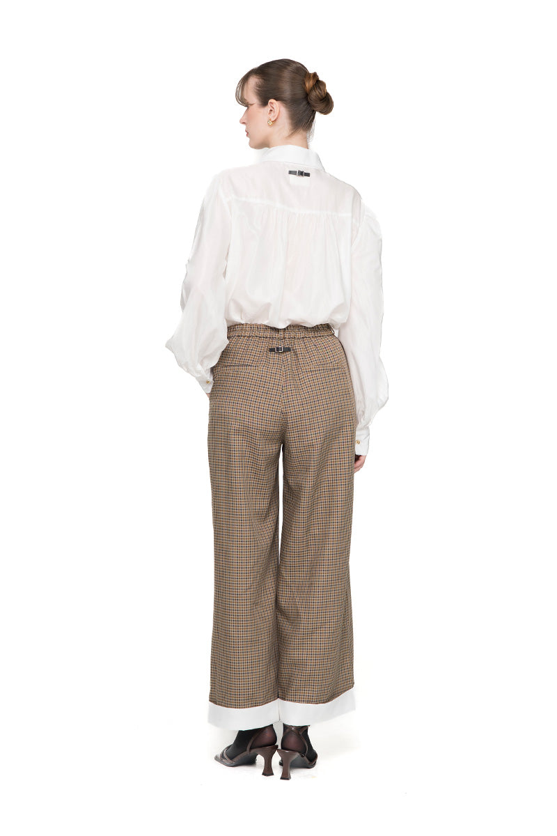 Straight Leg Pants With Contrast Hem In Brown Houndstooth