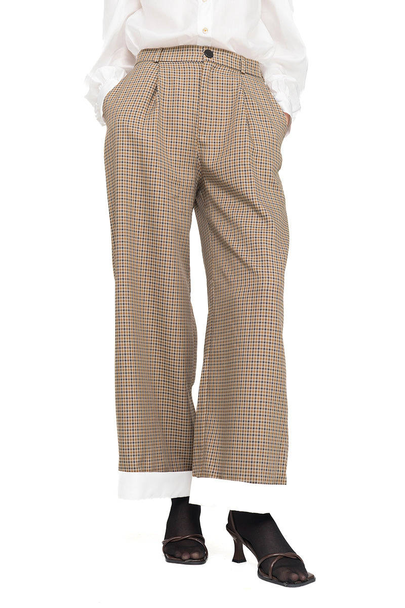 Straight Leg Pants With Contrast Hem In Brown Houndstooth