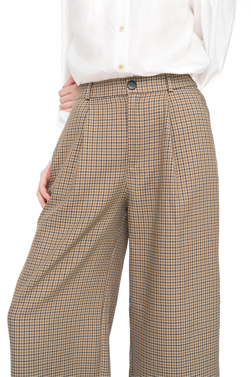 Straight Leg Pants With Contrast Hem In Brown Houndstooth