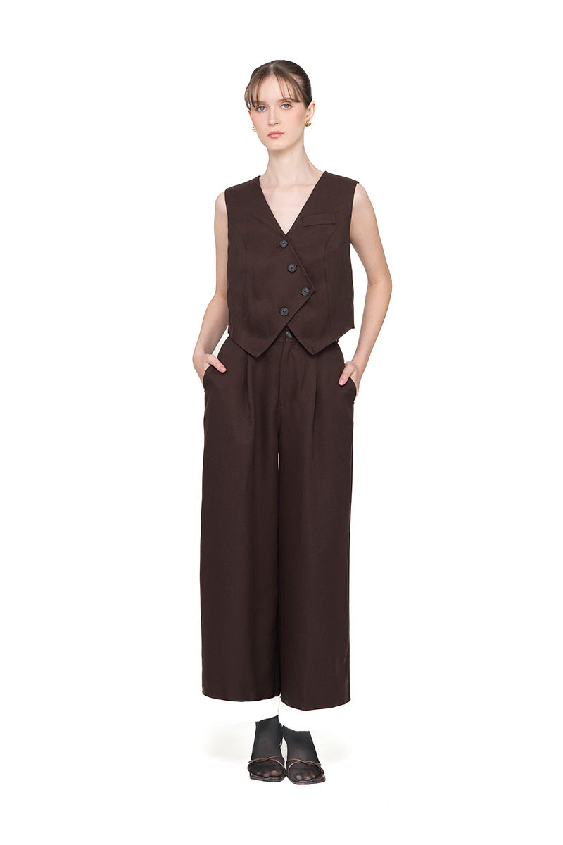 Straight Leg Pants With Contrast Hem In Dark Brown