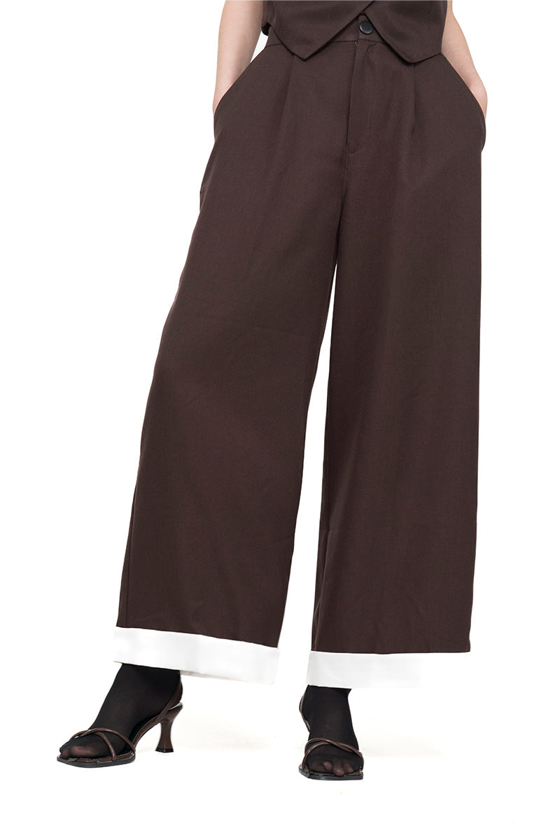 Straight Leg Pants With Contrast Hem In Dark Brown