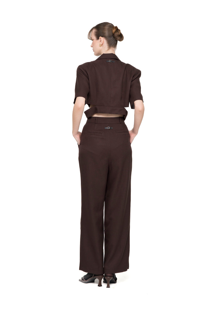 Straight Leg Pants With Side Button Detail In Dark Brown
