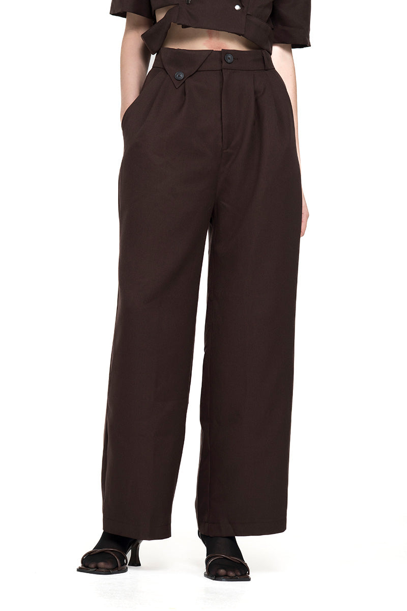 Straight Leg Pants With Side Button Detail In Dark Brown